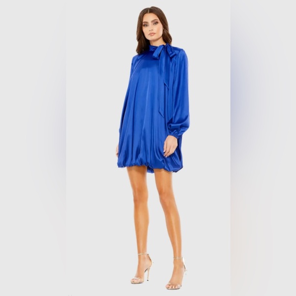 Ieena for Mac Duggal Blue Long Sleeve Tie Neck Mini Dress Sz 10 NWT